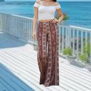 Wilde 1X maroon/cream paisley printed stripe led wide leg pant